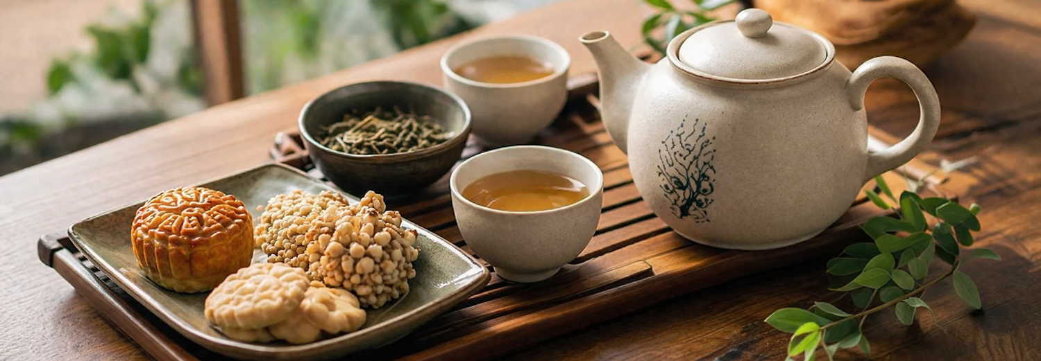 Tea set with teapot, cups, and snacks on a wooden table