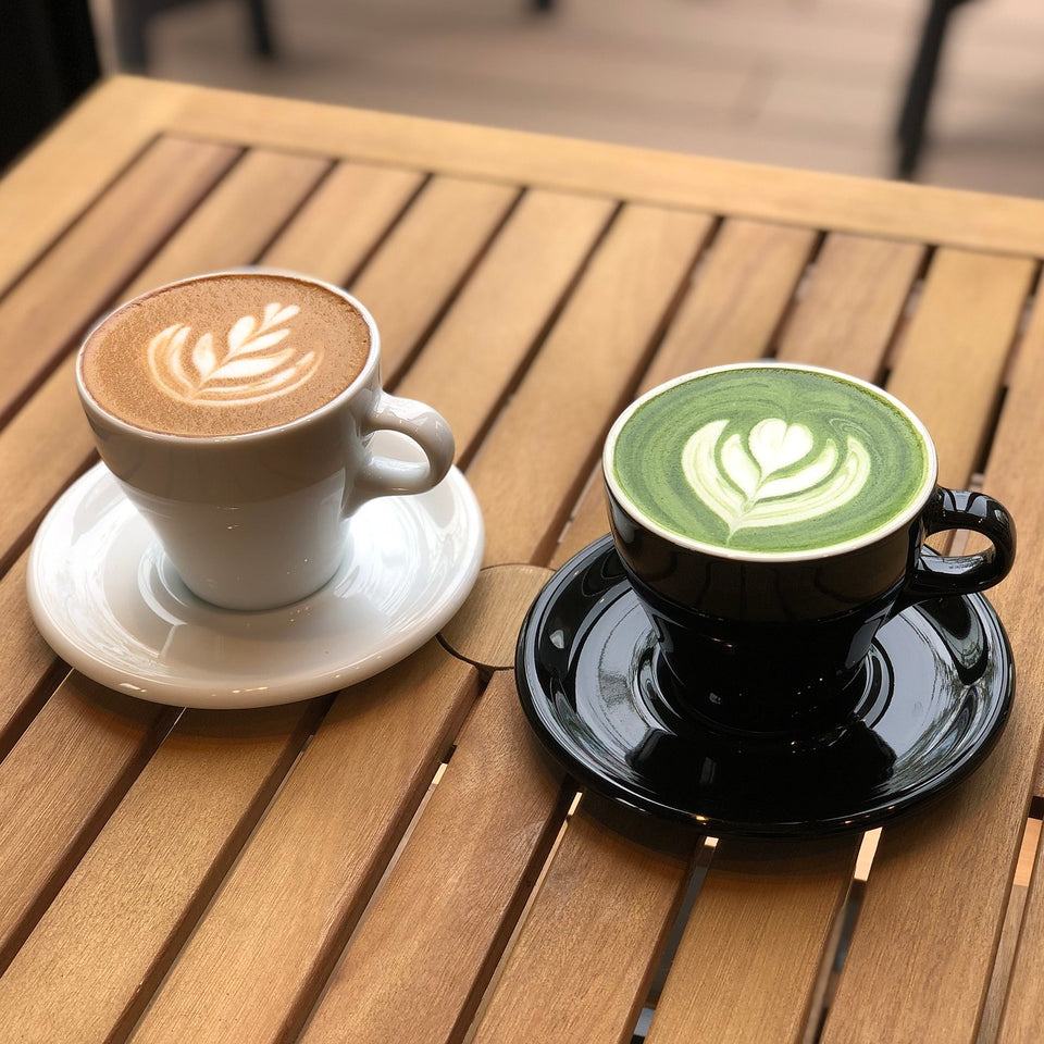 Green tea and coffee latte cups