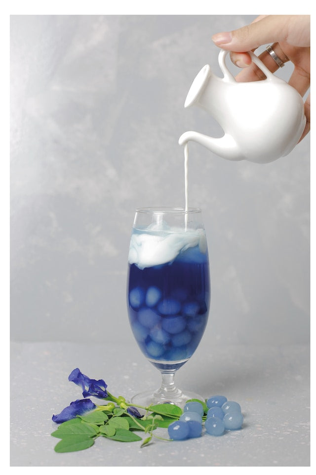 Blue Butterfly Tea In a tall glass cup