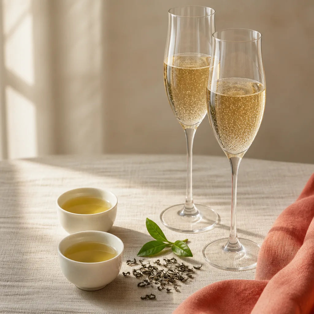 Two champagne flutes of sparkling wine beside two porcelain cups of pale Vietnamese tea