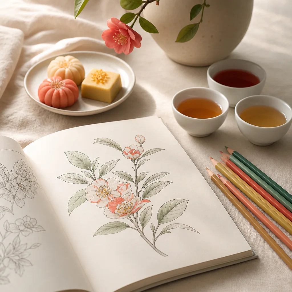 An open botanical coloring book with coloured pencils, three cups of Vietnamese tea and pastries