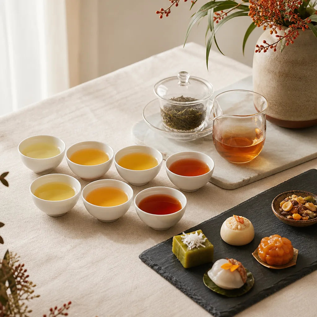 A seven cup Vietnamese tea tasting flight with a glass brewing set and a slate board of pastries