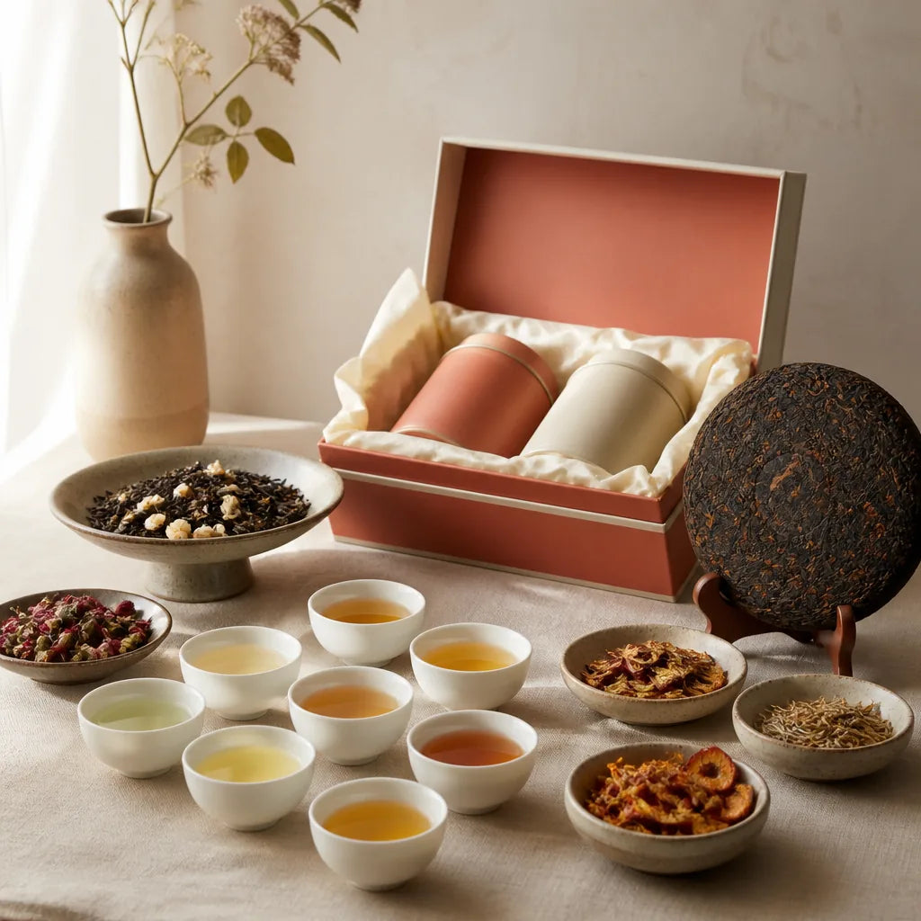 An abundant Vietnamese tea tasting spread with rare aged tea, botanicals and an open gift box