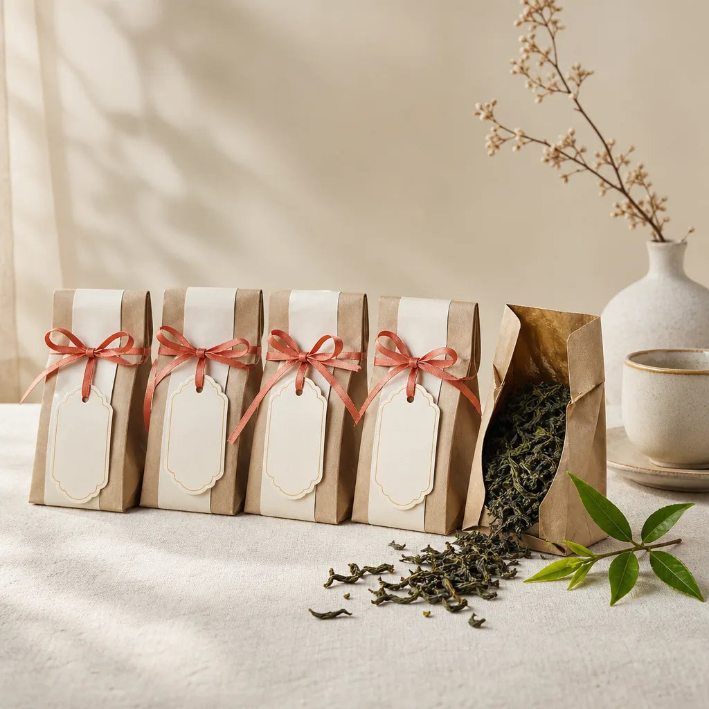 A row of small tea favour pouches tied with coral ribbon, one open with green tea leaves spilling out